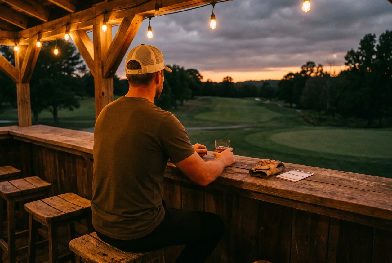 A golfer at a course-side bar at dusk