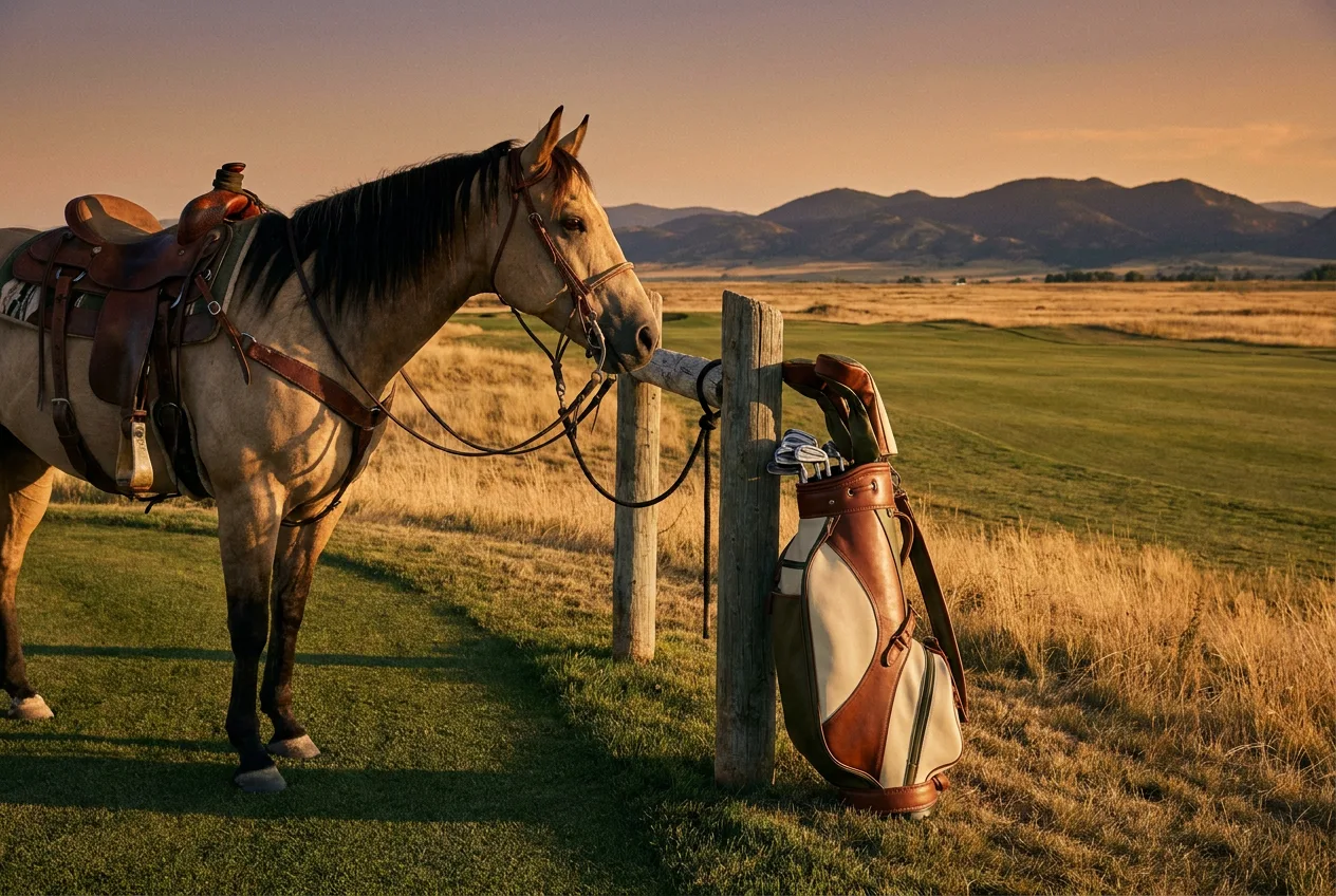 A saddled horse tied to a hitching post beside a leather golf bag at golden hour