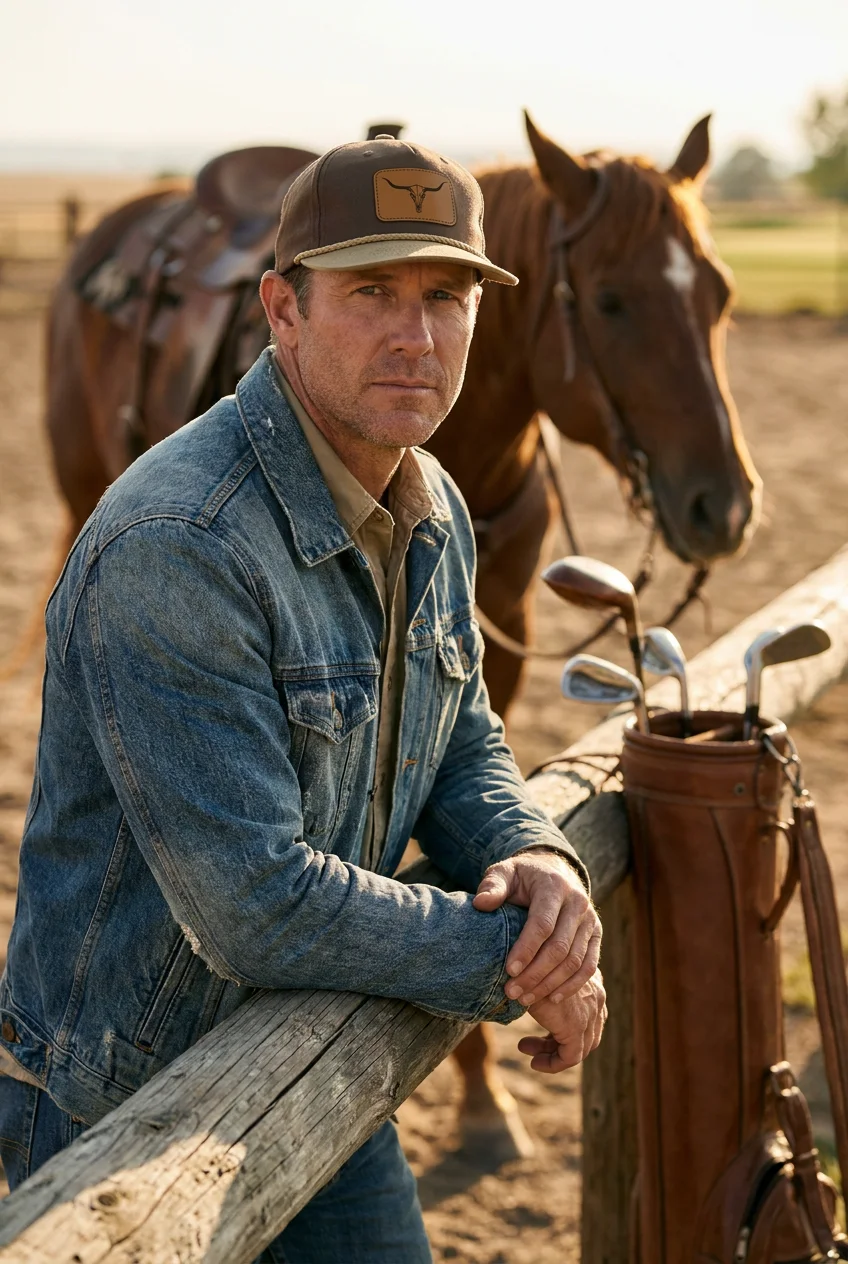 Man in the Longhorn leather-patch rope hat leaning on a hitching post beside his horse and golf bag